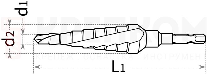 Сверло ступенчатое по металлу, спиральная канавка HSS Messer - схема, чертеж