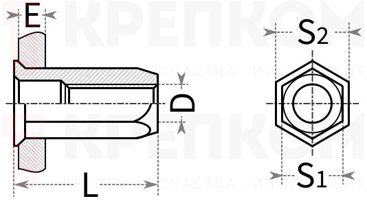 Резьбовая заклепка с уменьшенным бортиком, шестигранная - схема, чертеж