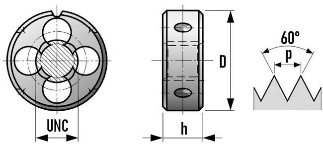Плашка дюймовая UNC - размеры