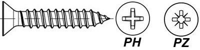 Саморезы потайные под крестообразную отвертку (биту) PH и PZ: DIN 7982