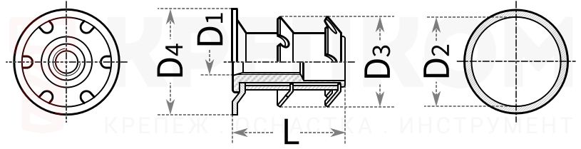 Забивная круглая корончатая гайка с фланцем - схема, чертеж