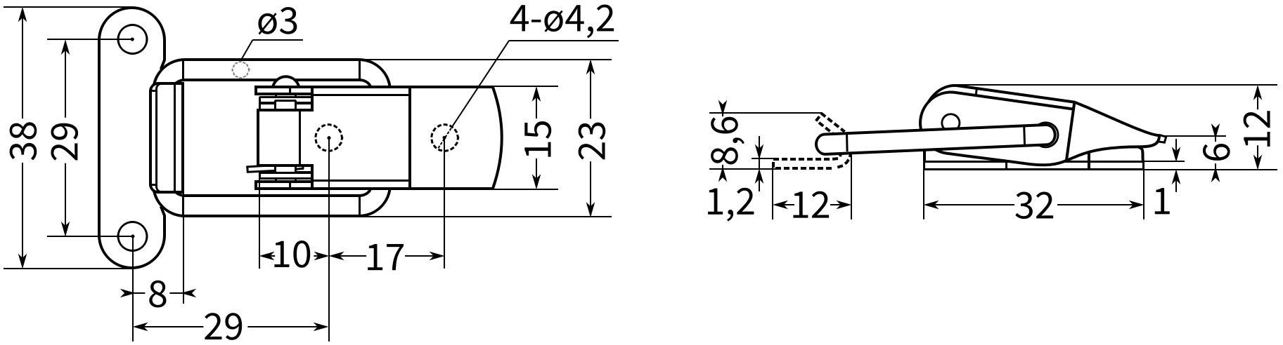 Замок-защелка лягушка L=32 B45, размеры