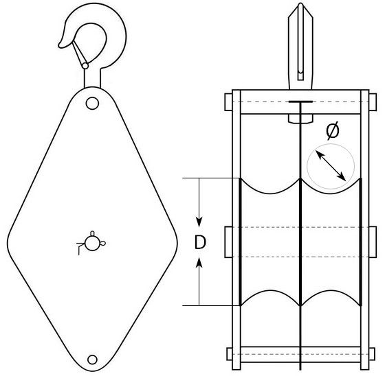 блок двухрольный шкивовый к крюком схема