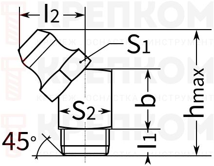 Пресс-масленка DIN 71412 form B угловая 45° - чертеж, схема