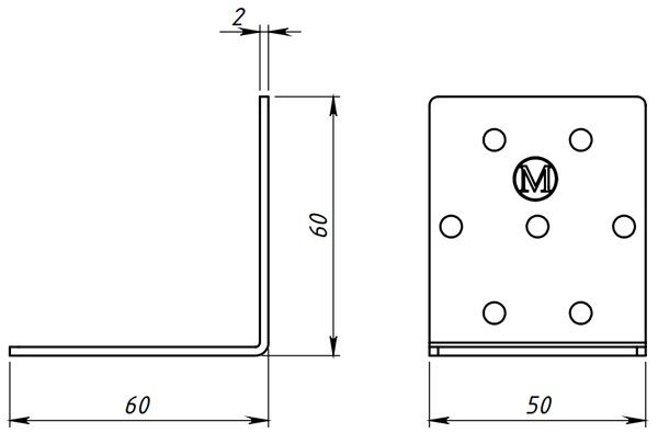Крепежный равносторонний уголок 60х60х50 - схема, чертеж