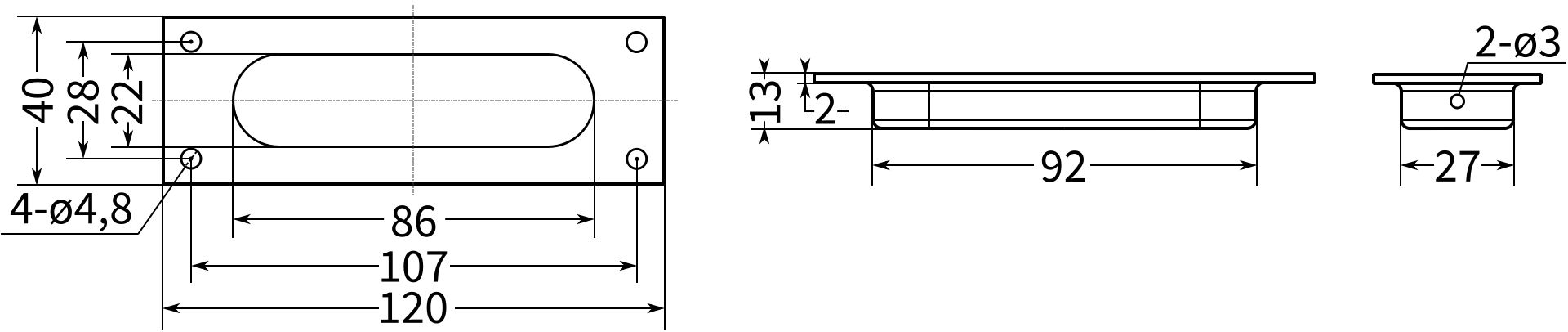 Ручка дверная встраиваемая L=120 N44C-2 - размеры, схема