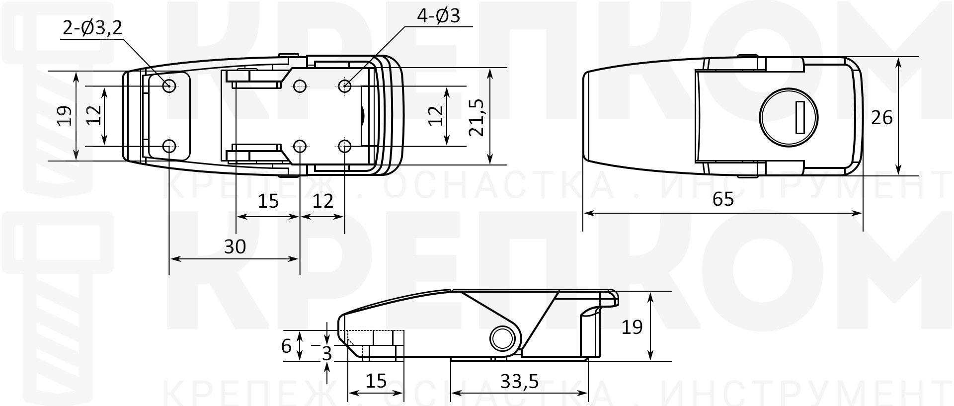 Замок-защелка с ключом L=65 B217-3, схема с размерами