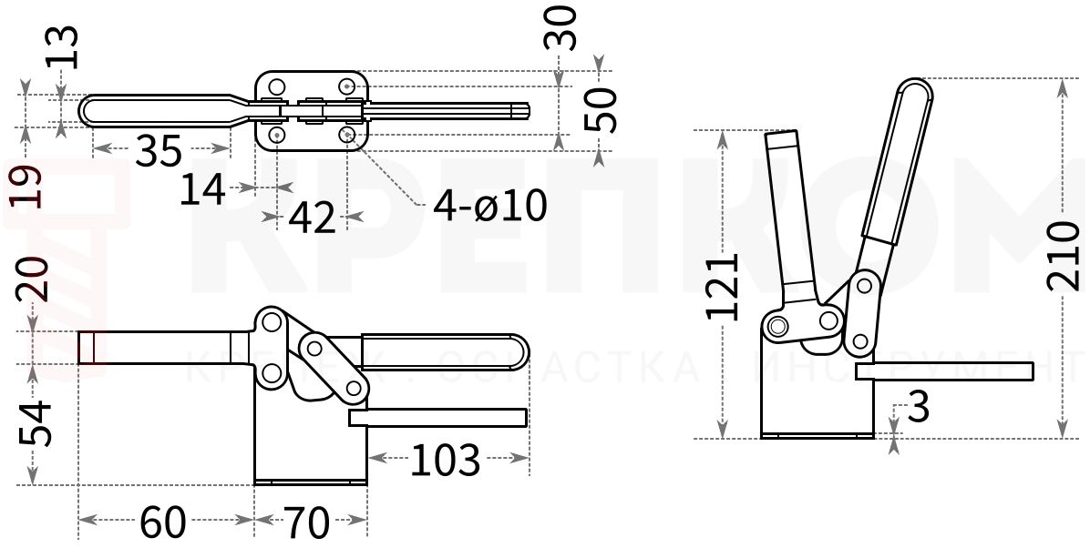 Прижим рычажный L=230 мм (311X) - схема и размеры