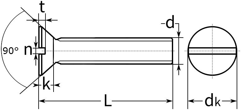 Винт с потайной головкой и прямым шлицем DIN 963 (ISO 2009) - схема