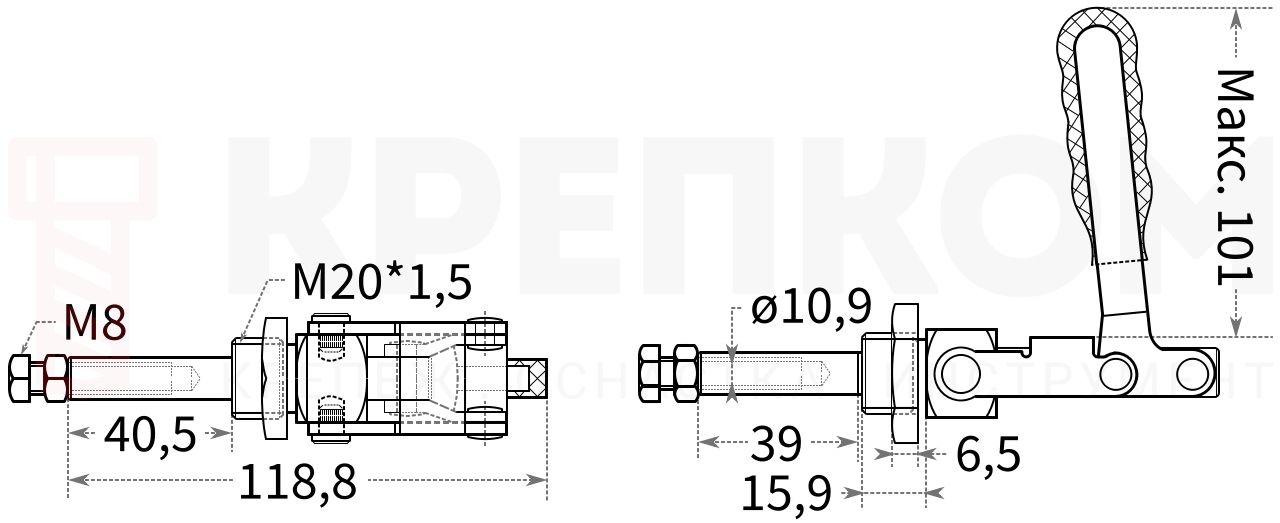 Зажим плунжерный 47315N - схема с размерами