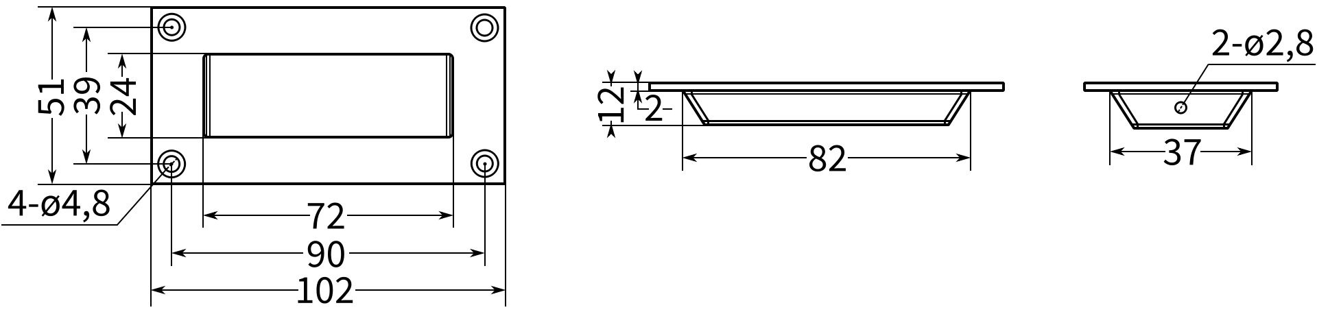 Ручка дверная встраиваемая L=102 N43C - размеры, схема