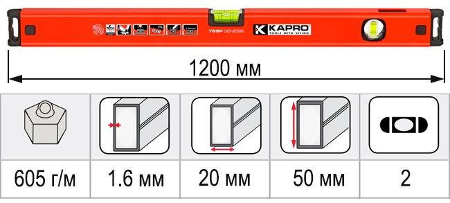 Размеры уровень строительный 1200 мм KAPRO GENESIS 781-40-120