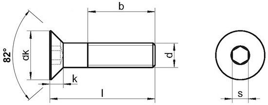 Винт с потайной головкой и внутренним шестигранником DIN 7991 ISO 10642 - чертеж, схема