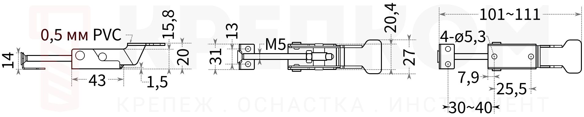 Замок регулируемый натяжной L=101-111 мм с винтом B05C-2, нержавеющая сталь А2 - чертеж с размерами