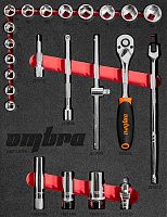 Набор головок торцевых 3/8" DR диаметром 8-22 мм с аксессуарами OMBRA OMT23STE, 23 шт 