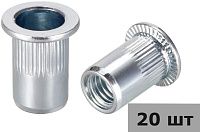 Резьбовая заклепка М10 L=19,5 мм с цилиндрическим бортиком и насечками, оцинкованная сталь, 20 шт