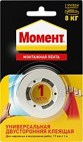 Лента клеящая монтажная двусторонняя 19 мм х 1 м Момент 3001745, на единичном блистере, белая